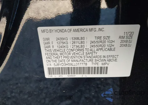 2020 Acura Mdx Technology Package z USA, uszkodzony, nr VIN 5J8YD3H59LL017778